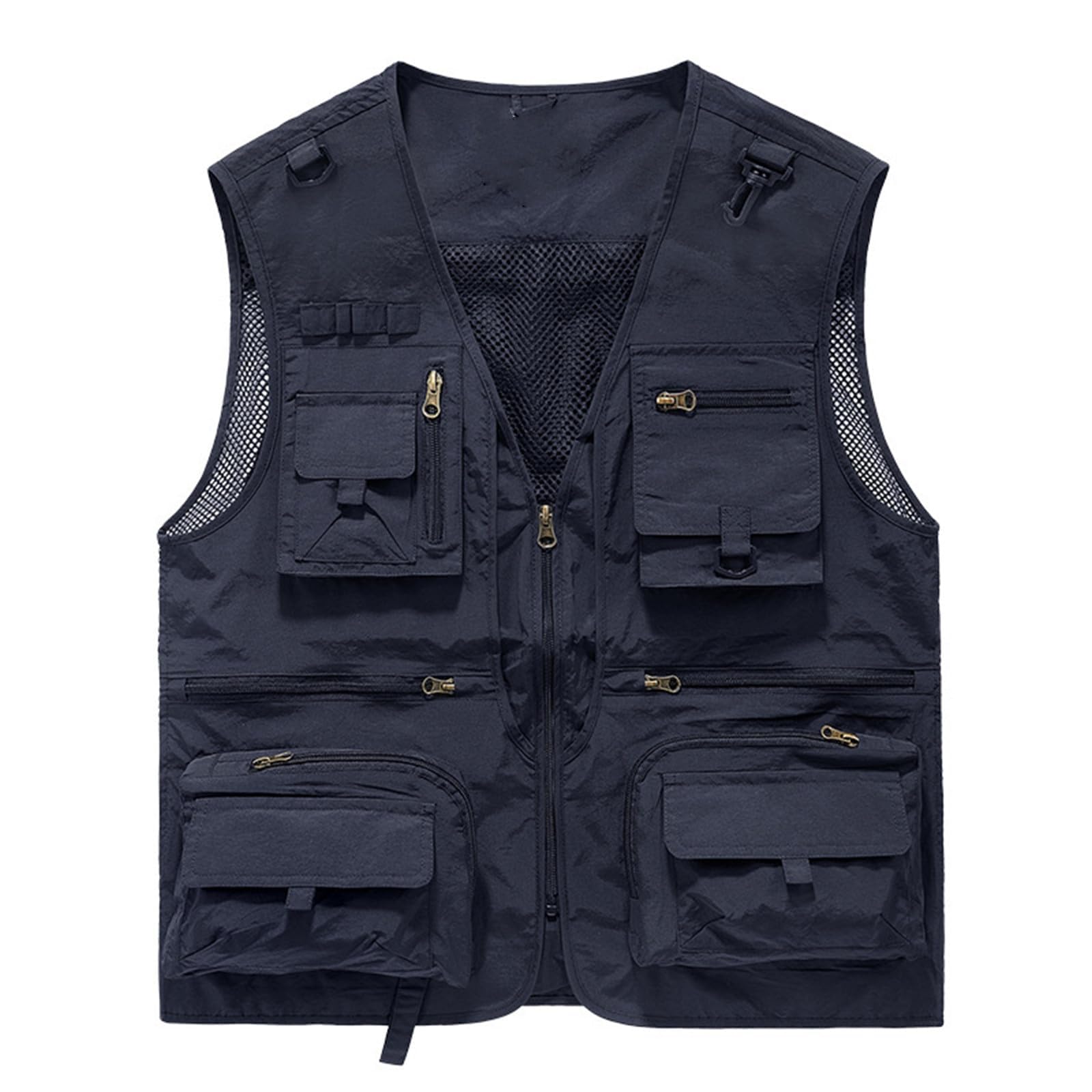 Gilet cargo in rete traspirante con zip, gilet estivo da lavoro da uomo con tasche, gilet tattico ad asciugatura rapida multi-tasca, Blu, L