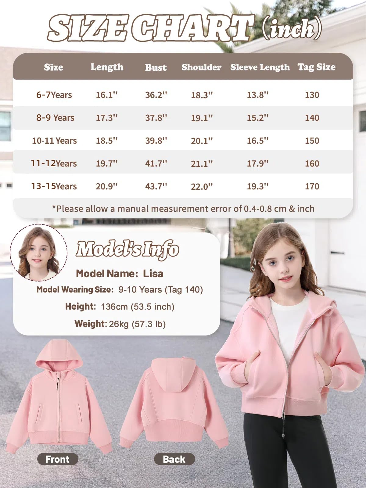 Rolanko Sweat à Capuche Zippé pour Filles, Veste à Capuche à Manches Longues Sweat-Shirt Chaud avec Poches pour Enfants