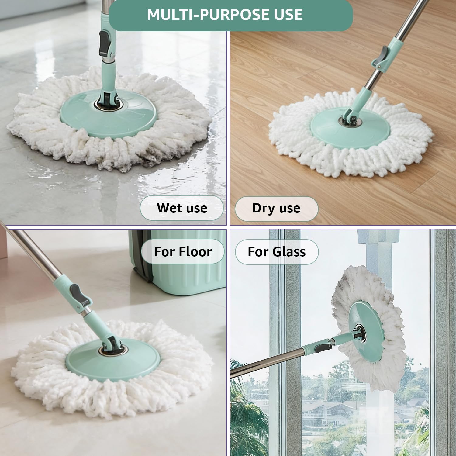 Amazon Brand - Presto! Elite Spin Mop with Steel Wringer and Auto-fold Handle, Green, 2 Refills 4