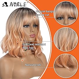 NOBLE Pink Orange Wig for Women Peach Wig with Bangs Ombre Bob Curly Wigs with Air Bangs Synthetic Short Wavy Wigs with Bangs Heat Resistant Synthetic Daily Party Cosplay Costume Wigs