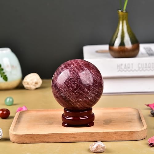 Miniatura 5 de JIC Gem Bolas de esfera de cristal de cuarzo rojo natural de fresa con soporte de madera, piedras preciosas rojas, orbes decorativos, bola de