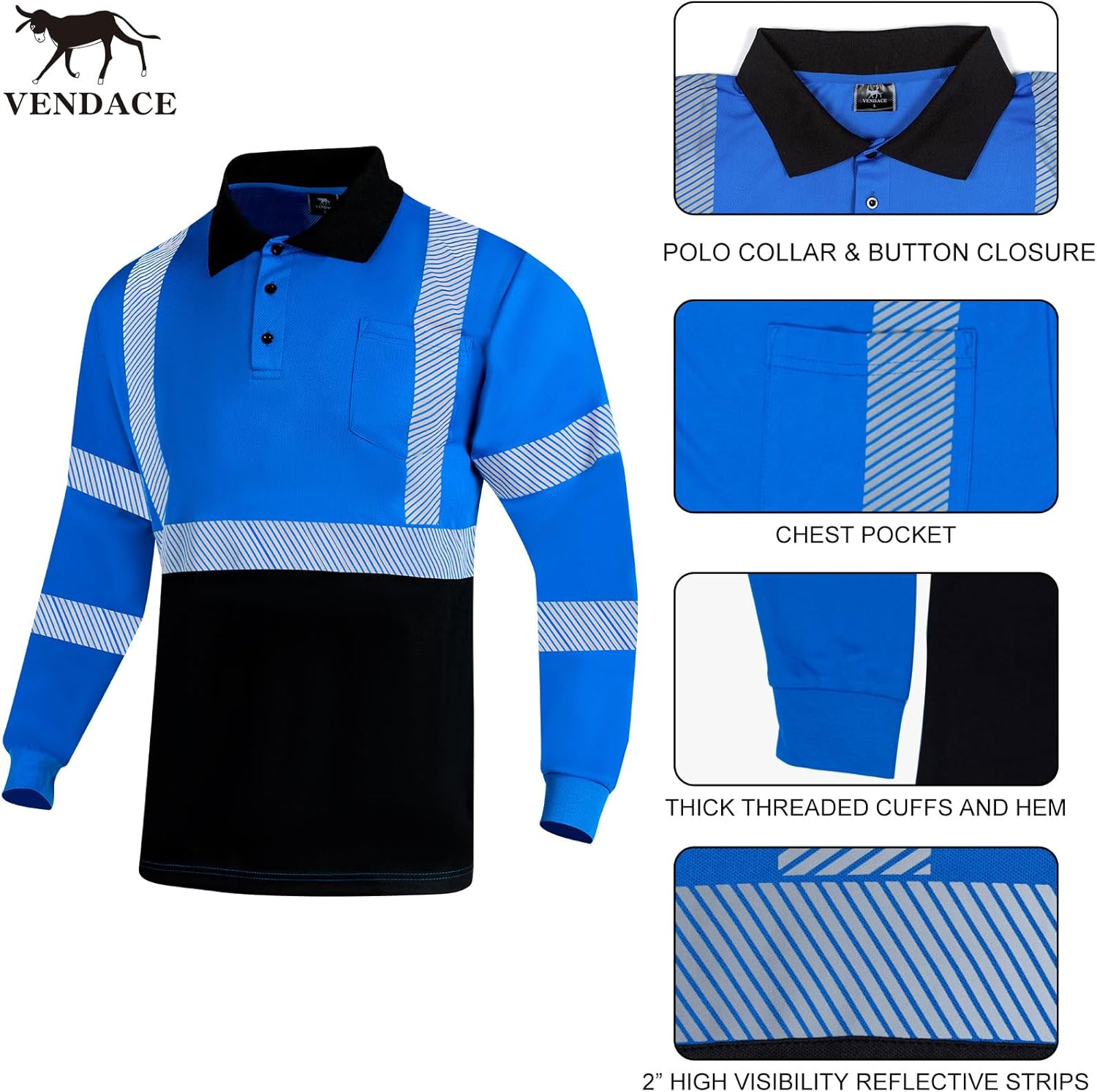 VENDACE Hi Vis Safety Reflective Long Sleeve Polo Shirts for Men ANSI Class 3 High Visibility Construction Work T Shirts - Image 4