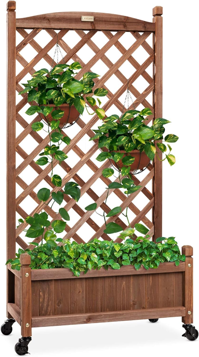 zhangrui1888 Plant Stand Wood Planter Box & Lattice Trellis, Mobile Raised Garden Bed for Climbing Plants Drainage Holes, with Indoor Plant Shelf
