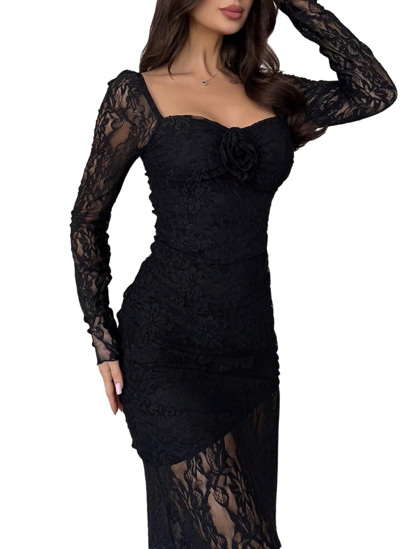 SweatyRocks Maxi abito da donna, a maniche lunghe, in pizzo, per feste, elegante, da sera, con pizzo, per cocktail