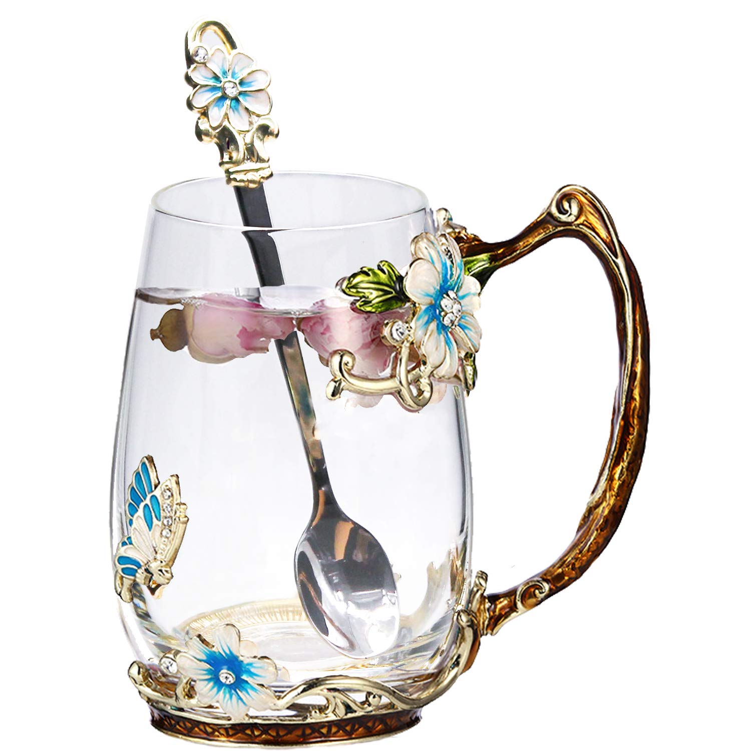 Tea Cup Glass Coffee Mugs, Lead-Free Handmade Enamel Cups with Spoon Set, Unique Personalized Birthday Mothers Day Gifts Ideas for Women Grandma Mom Female Friend Teachers (Blue Tall -13 oz)