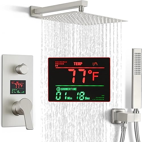 Sistema de cabezal de ducha digital de 12 pulgadas, juego de mezclador de ducha de lluvia para baño, kit de grifo de ducha de montaje en pared con 2