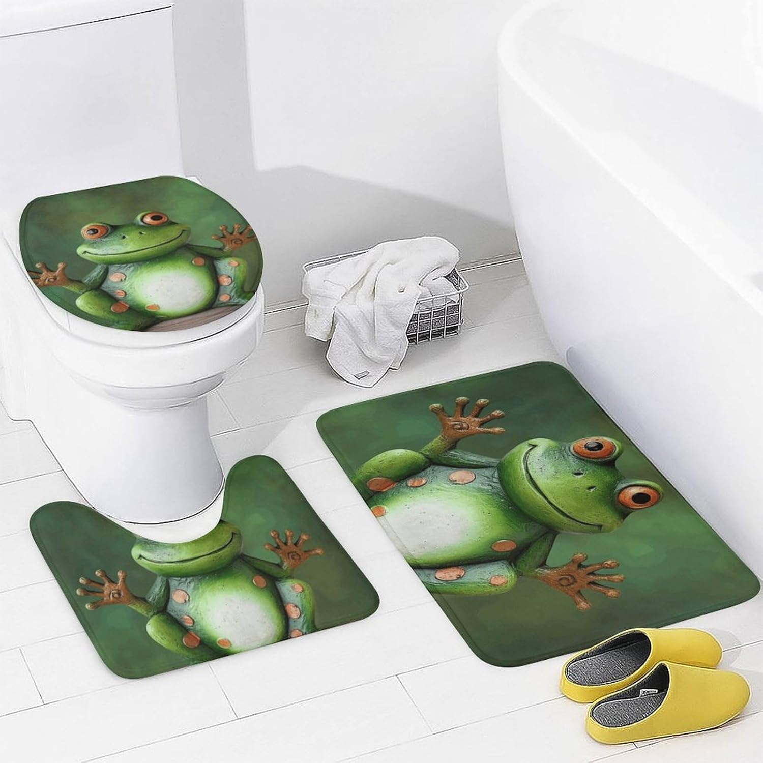 Welcome Frog Shower Curtain Set 4 Piece, Non-Slip Bath Mat with Toilet Lid Cover and Waterproof Shower Curtain with 12 Hooks, Complete Bathroom Set for Home Decor