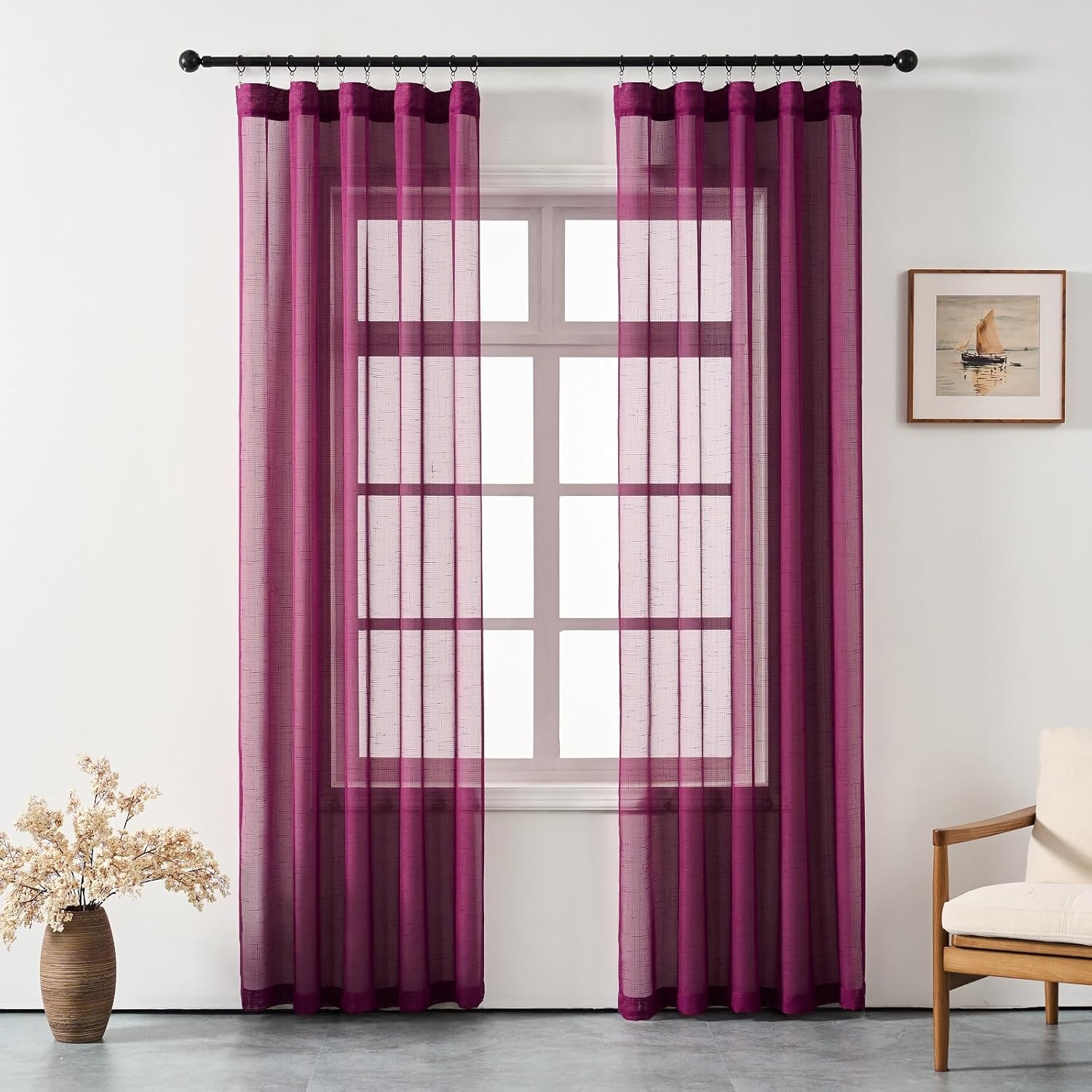 Plum Purple Curtains Sheer 84 Inches Long, Dark Linen Look Textured Light Filtering Curtains & Drapes, Rustic Eggplant Transparent Window Treatments, Pinch Pleat Ceiling Curtain with Hook