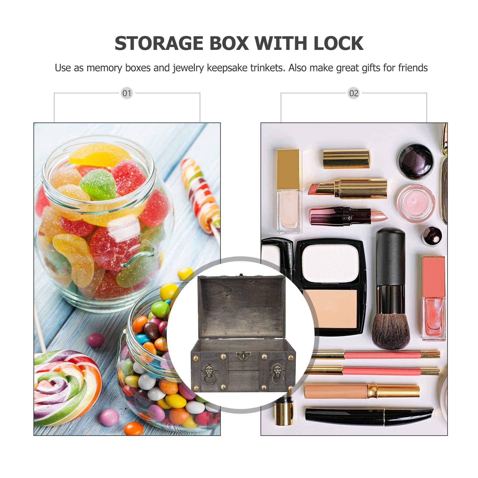 Homoyoyo Vintage Holz Schatzkiste mit Schloss Dekorative Aufbewahrungsbox für Schmuck Holzkiste Staubschutz Organizer für Ringe und Halsketten