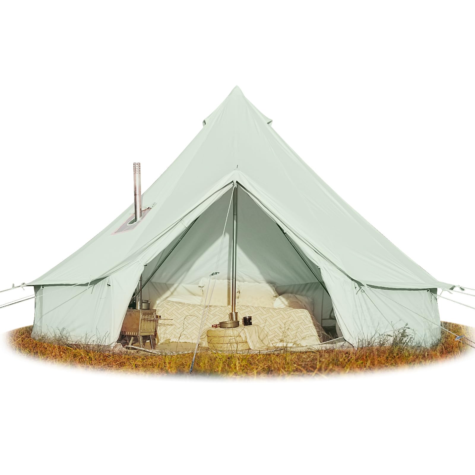 Cotton Canvas Bell Tent, Waterproof Large Tents with Sturdy Center Door  Pole and Space for 4/6/8 Person All Season Camping Yurt Tent