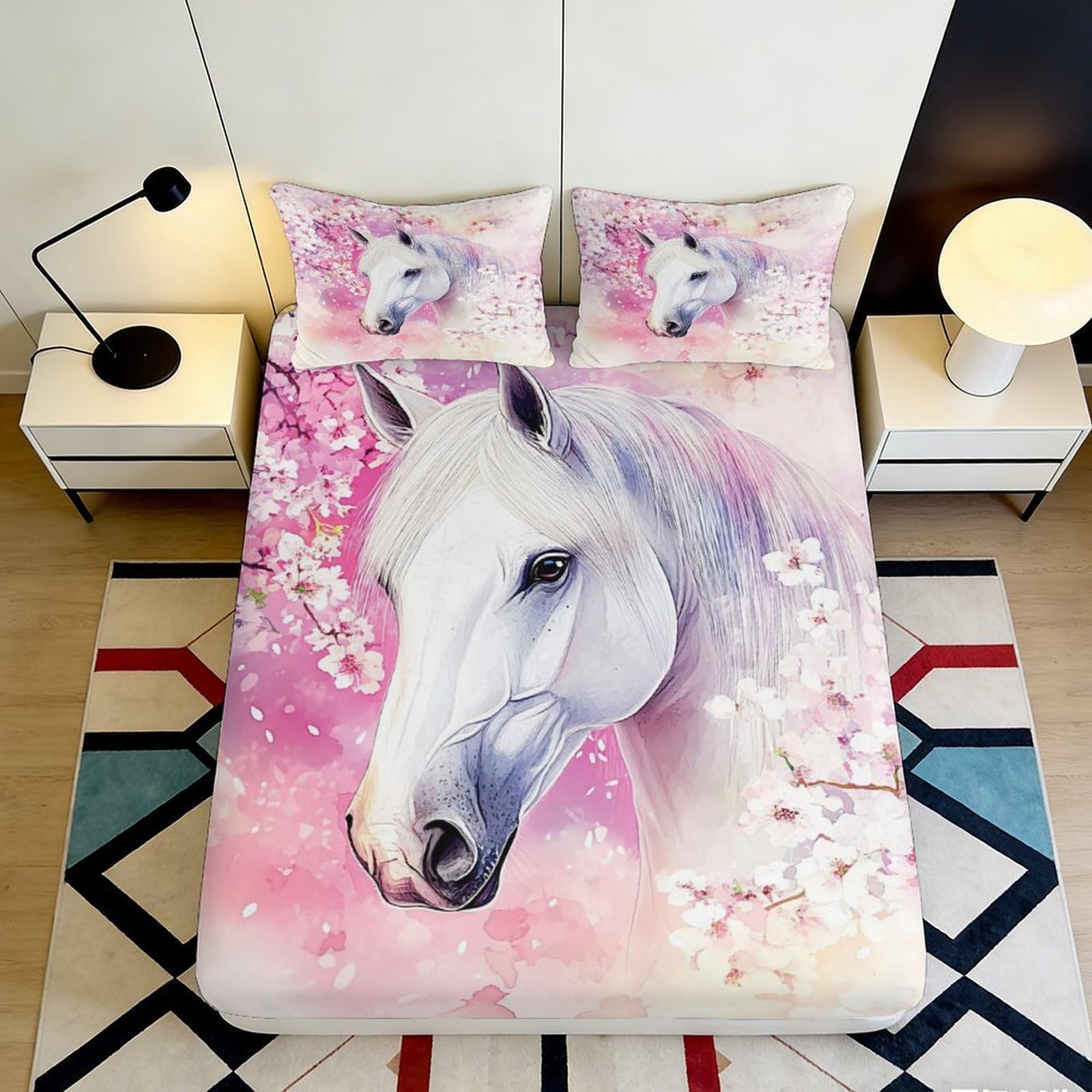 Uynsixtme Style-10 3D Printed Fantasy Horse Fitted Sheet Microfiber Deep Pocket Non-Slip Fantasy Horse Mattress Fitted Cover Bedroom Bedding Washable 140X200x25cm