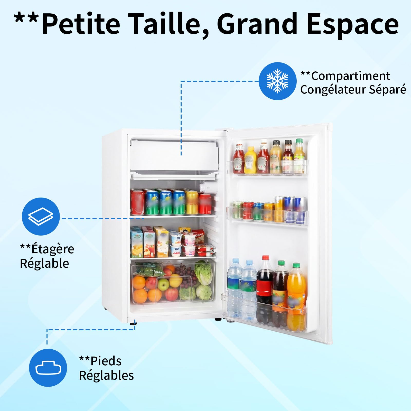 Mini réfrigérateur 91 L avec congélateur porte simple, thermostat 7 réglages, silencieux, compact blanc