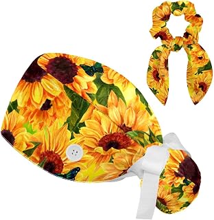 FVQL 2 Pieces Surgical Cap for Long Hair Scrub Cap with Hairband Nurse Cap, Vintage Sunflower Pattern