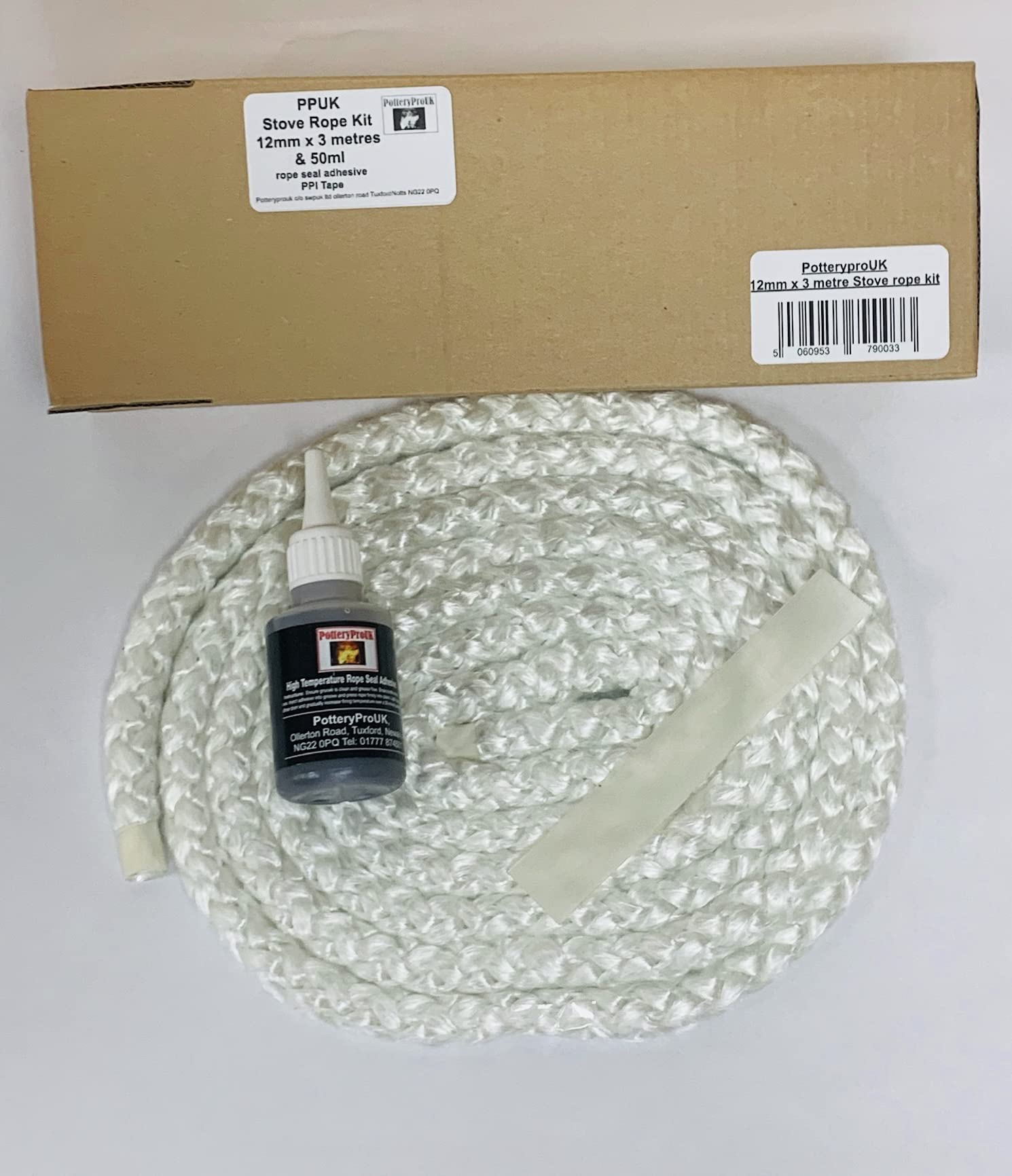 Stove Rope Kit: 3mt X 12mm Glass Fibre Rope, 50ml Glue,  wood burner aga