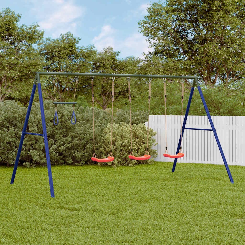 Schaukel-Set Mit 3 Sitzen Und Trapezstange | Lackierte Stahlrohre, A-förmige Struktur, verstellbare Seillänge, für Garten Und Hinterhof