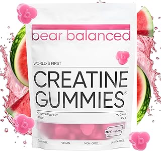 Bear Balanced Creatine Gummies for Men & Women - Creapure® Creatine Monohydrate, L-Theanine, L-Tyrosine & B12 for Muscle Growth, Strength, Focus, Energy & Health - Low Calorie, Sugar-Free, & Vegan - Produto 10 mais recomendado com 4 estrelas