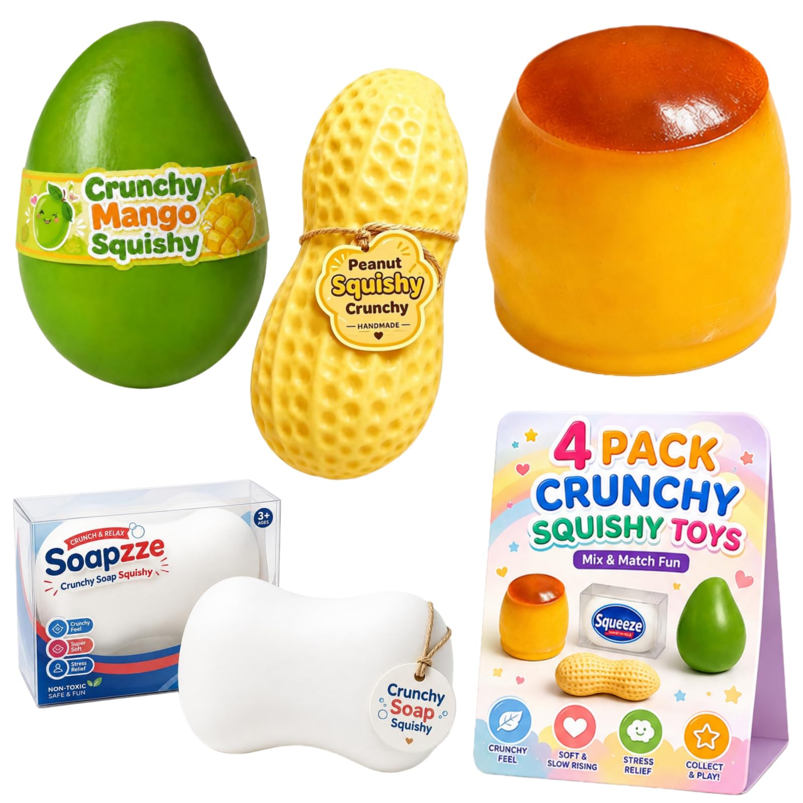4PCS Crunchy Squishy Mango Peanut Soap Pudding Stress Ball Set, ASMR Bead Filled Slow Rising Realistic Shape Squeeze, Textured Sensory Ball for Anxiety Management Party Favors — image 1