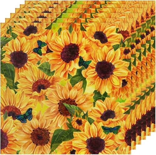 Juego de 6 servilletas de tela de verano con diseño de girasol, mariposa, lavables, reutilizables, para el hogar, fiestas, bodas y cenas, Acción de