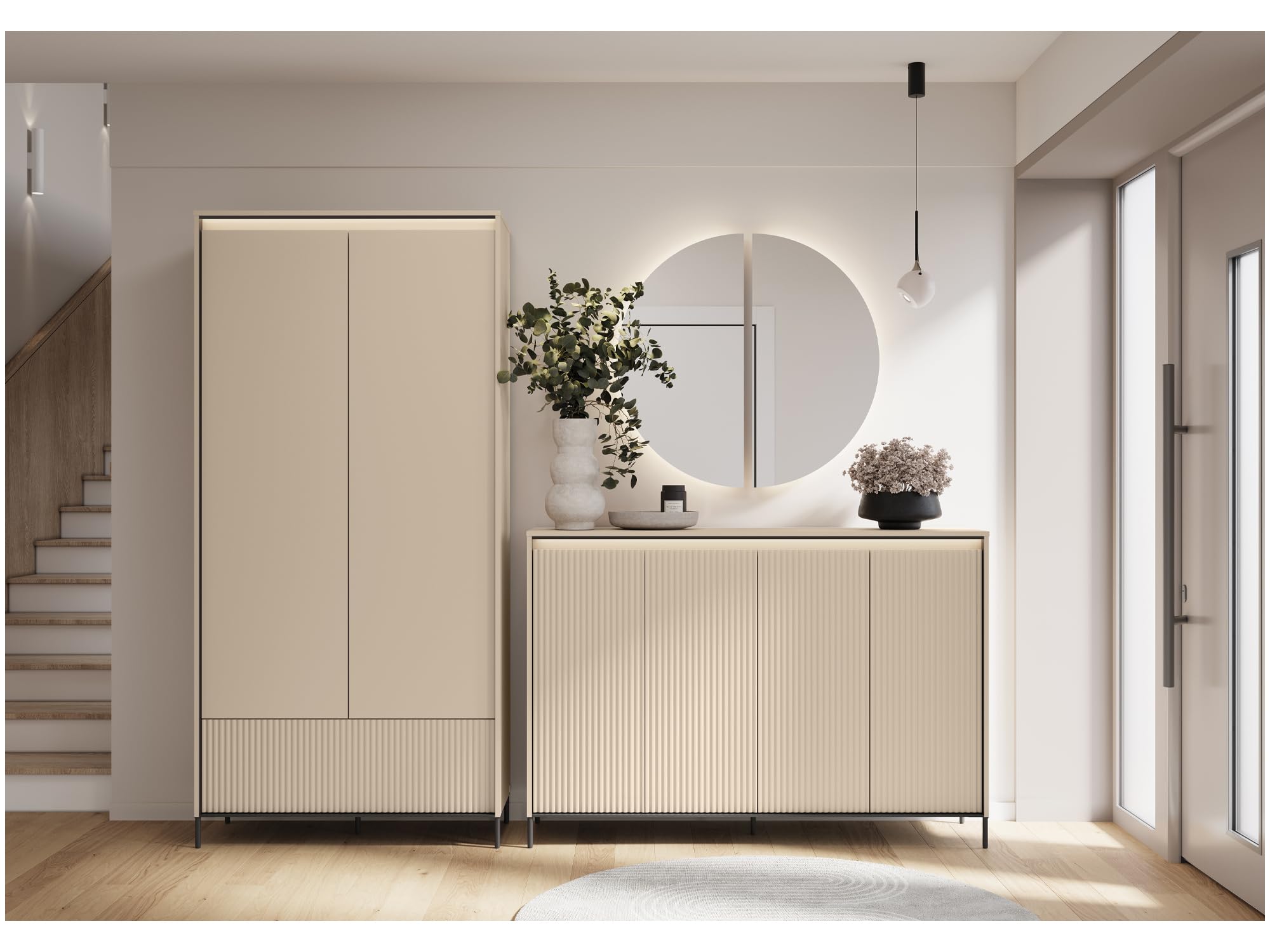 MEBLINI Garderobe Flur Möbel Set mit LED - Garderobenschrank Flur mitl Kommode - Garderobe Schrank - Flurgarderobe - Flurschrank hoch - Trend - Beige/Schwarz