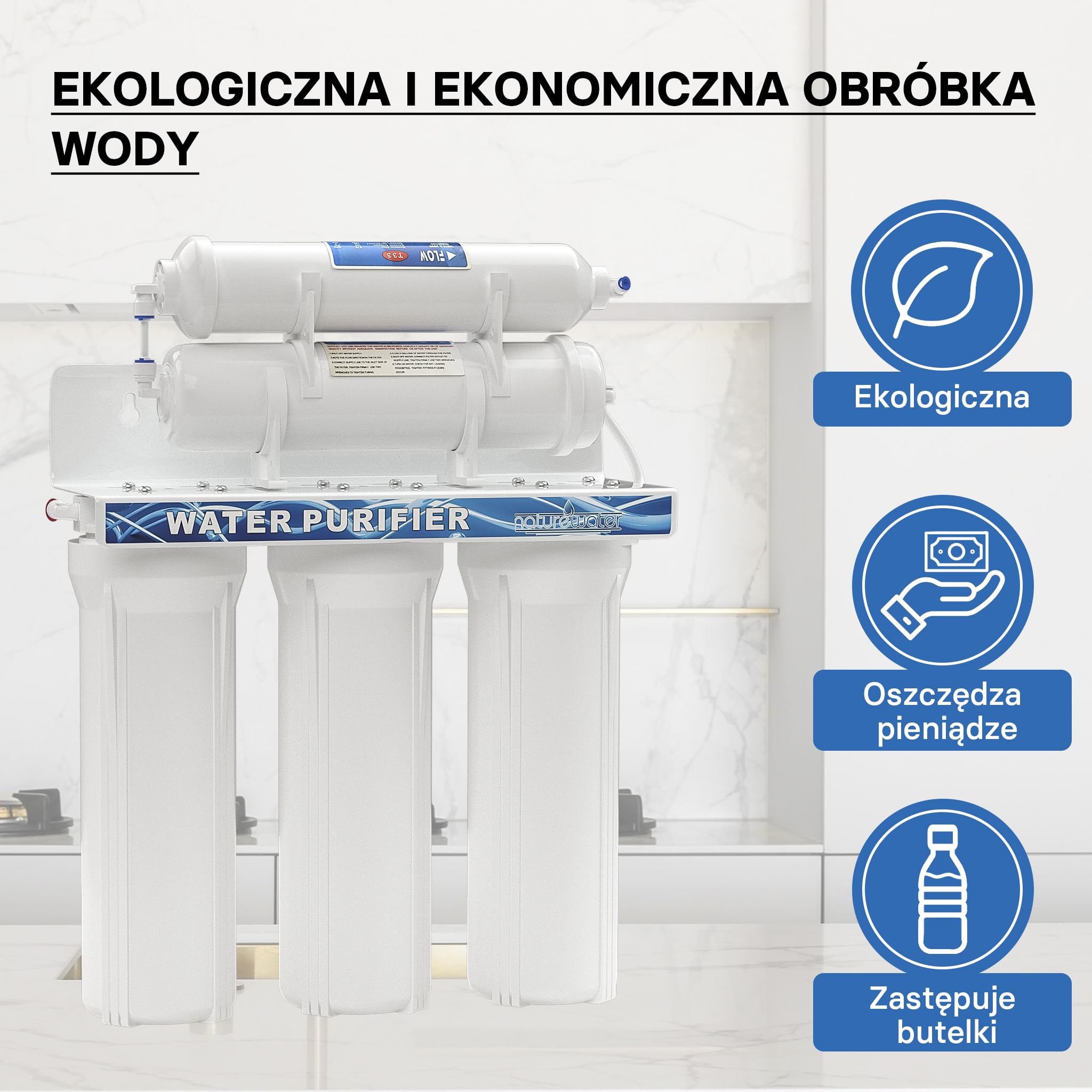 Naturewater NW-PR305 5-stopniowy filtr do wody, 5µ, wkład PP, uchwyt ścienny filtra pod zlewozmywak, klucz do filtra, filtr osadów z węglem aktywnym, kran, wąż 2,5m, krótki zawór trójdrożny kulowy