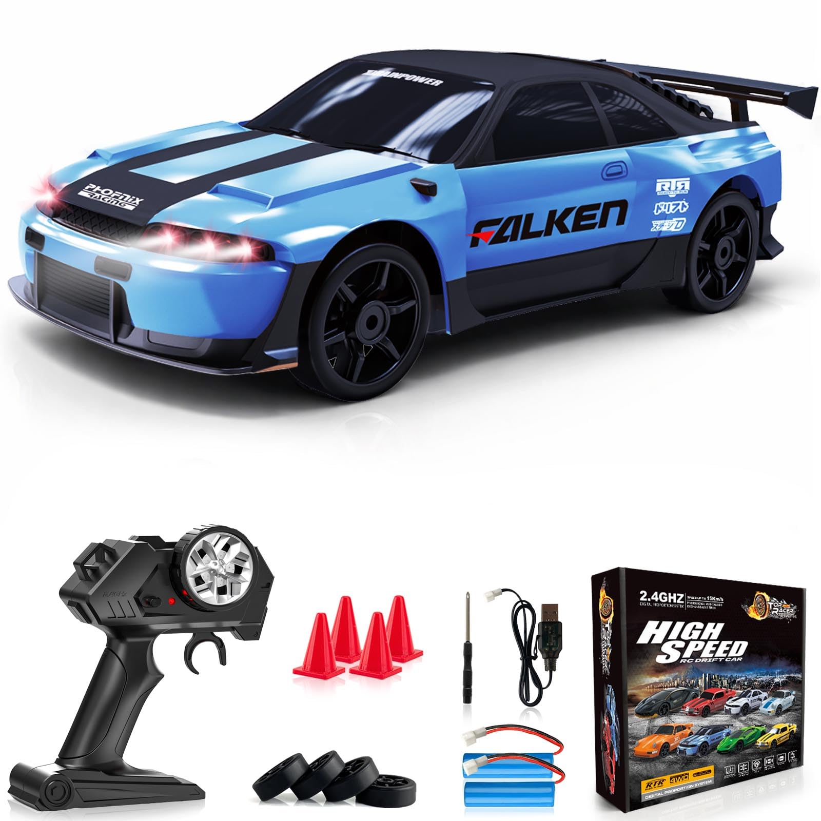 Remote Control Car RC Drift Car 2.4GHz 1:24 4WD 15KM/H High Speed Racing Sport Car with LED Lights Drifting Tire Racing Sport Toy for Adults Boys Girls Kids Gift 2Pcs Rechargeable Batteries