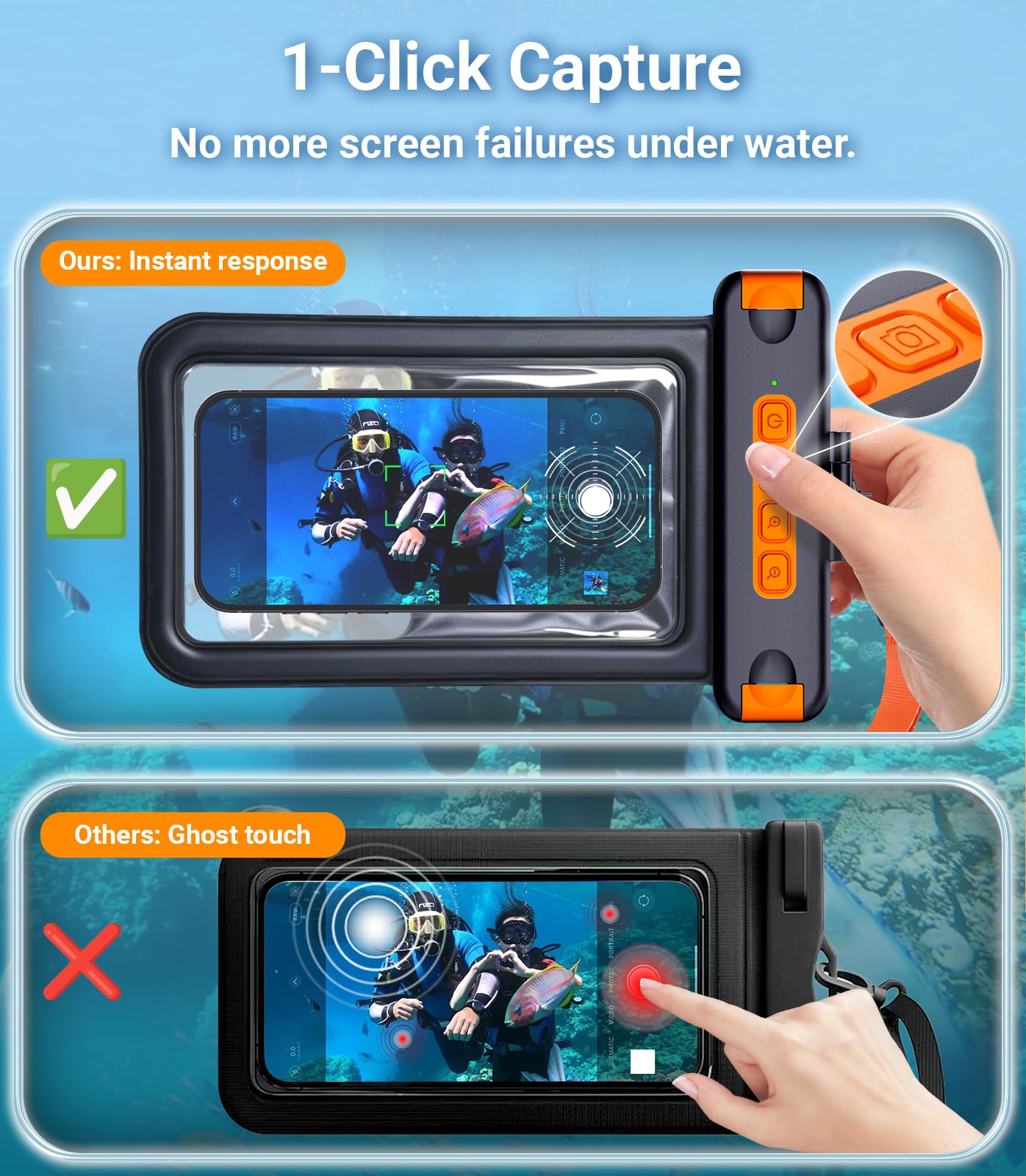 Custodia universale impermeabile IP68 con maniglia per otturatore, fotografia subacquea senza lag, per snorkeling e immersioni, adatta a telefoni da 8,5 pollici (iPhone 17 Pro Max, Galaxy S26
