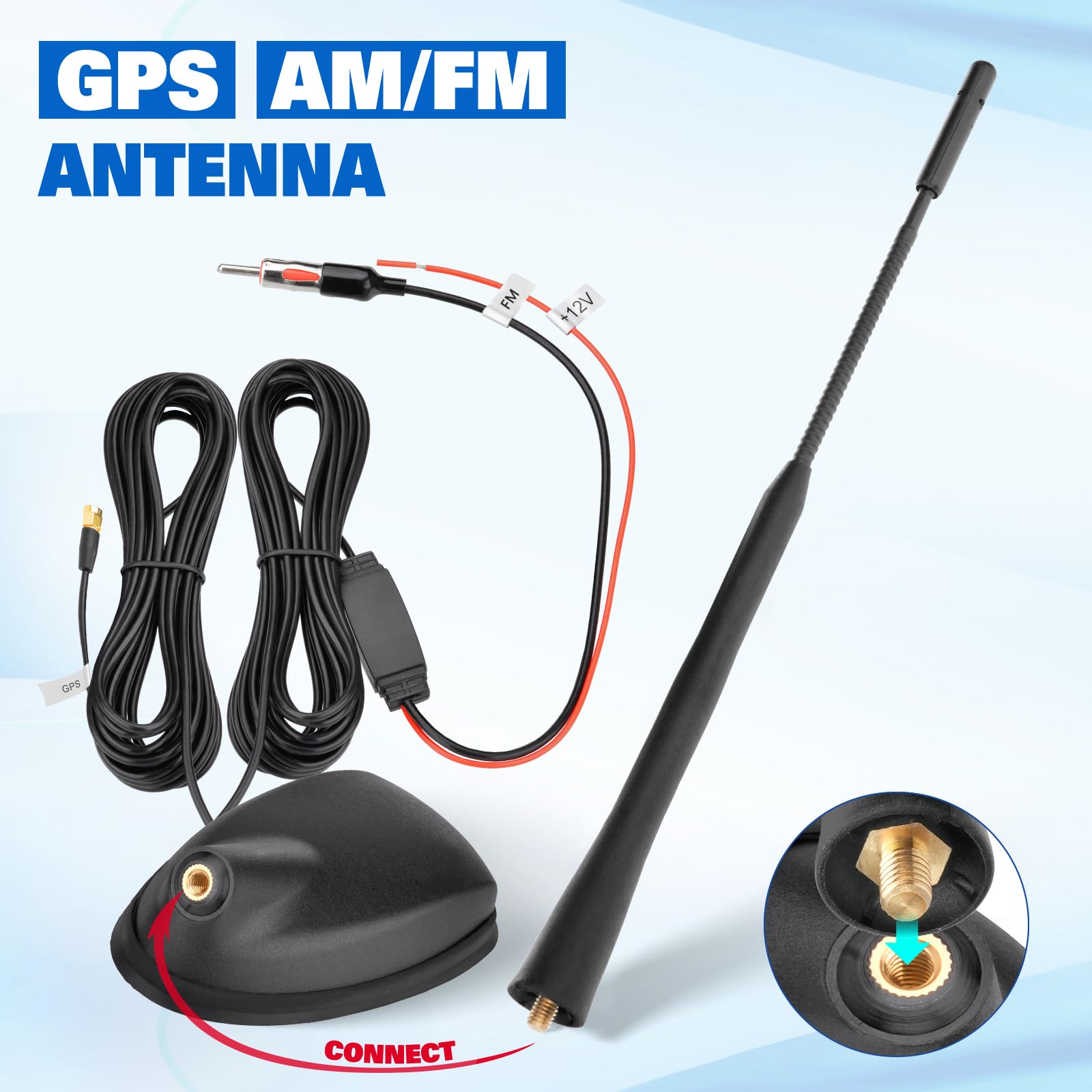 Eightwood GPS FM AM Antenne Voiture Active antenne Radio GPS FM avec amplificateur de Signal pour antenne Toit + câble Extension 5 m pour Tuner radios FM Pioneer Sony