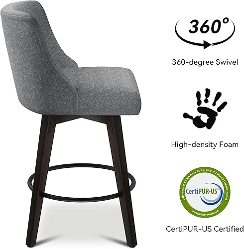 Miniatura 5 de Juego de 2 taburetes de bar giratorios, taburetes tapizados modernos de altura de mostrador, taburetes de 26 pulgadas de altura con respaldo, tela