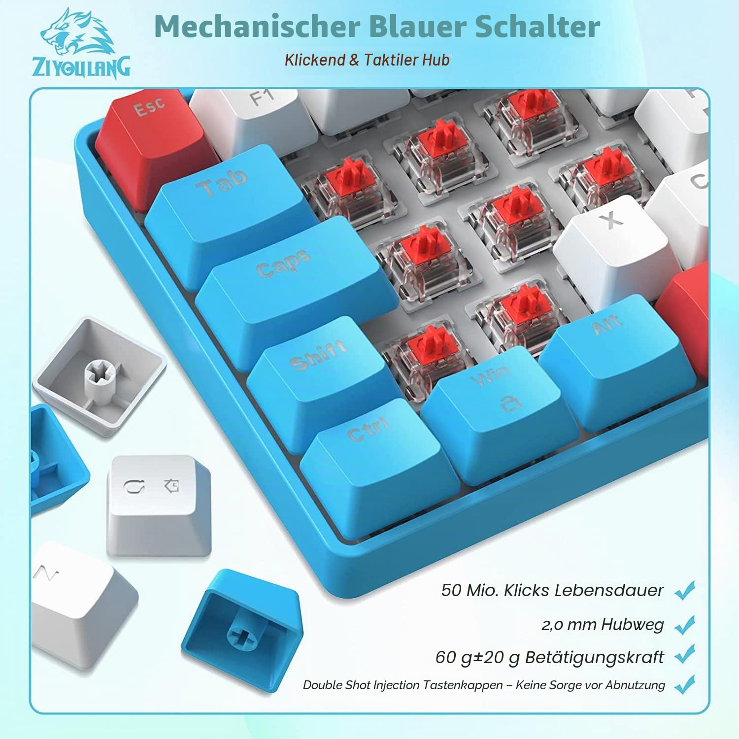 ZIYOU LANG Wired Gaming-Tastatur und Maus Combo mit Spiral USB-C Kabel T60 Pro - Kompakt 60% UK Layout(QWERTY) Mechanische Tastatur Linear Red Switch, 6400DPI Ultra-Light RGB Mäuse für PC/Mac - Blau