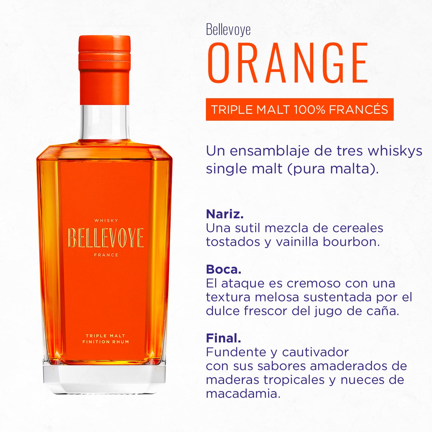 BELLEVOYE - Triple Malt - Whisky Francés Bellevoye Orange - Medalla del Maestro 2023 The World Whisky Masters - 43% De Alcohol - 100% Origen Francia - 700 ml