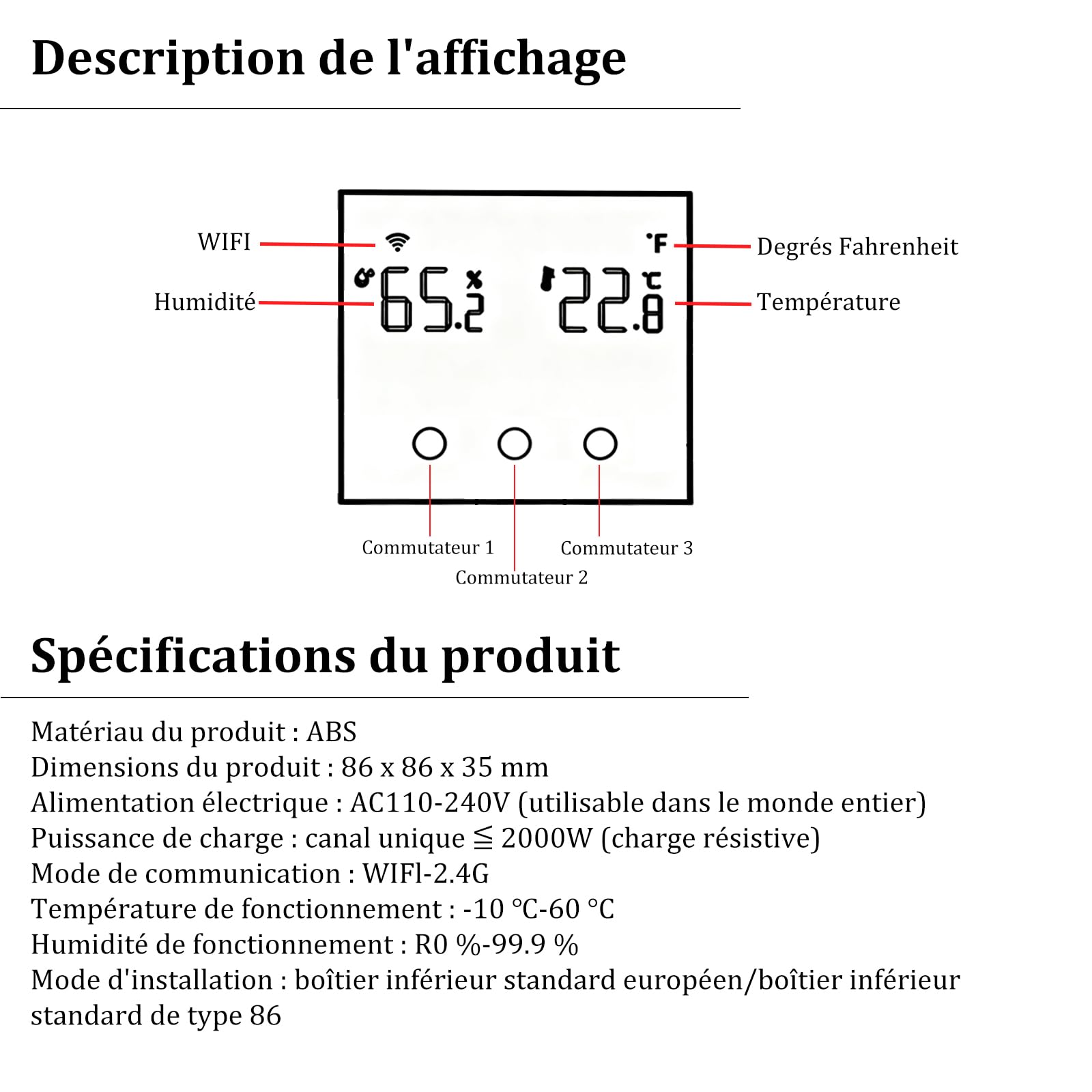 Interrupteur Lumière Connecté Mini Capteur Température D'humidité Intérieur | Tuya WiFi Interrupteur Tactile 3 Voies Mural Light Switch avec Rétroéclairage(Conducteur Neutre Requis) pour Alexa/Smart Life