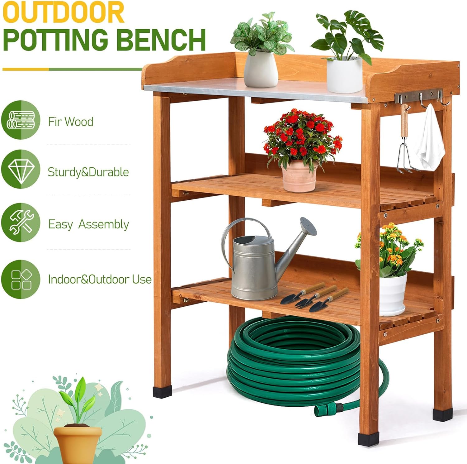 Outdoor Potting Bench Table with Storage, Wooden Planting Worstation Flower Pot Bench, Metal Tabletop, 2 Storage Shelves, 3 Hooks, Potting Station for Porch, Patio & Backyard (Wood Color)