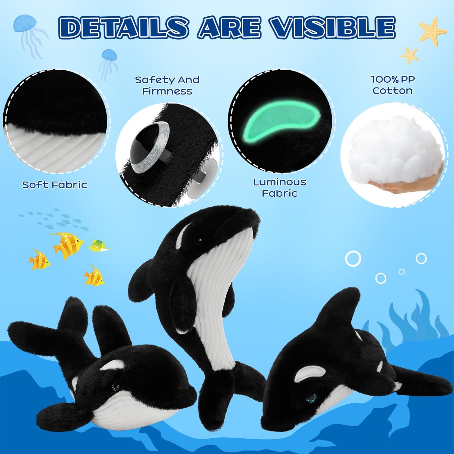 Tezituor 6 Pcs Orca Stuffed Animals, 10“ Soft Orca Whale Plush Toy Glow in The Dark, Stuffed Killer Whale Birthday Party Favors Ocean Themed Gifts for Toddler Kids