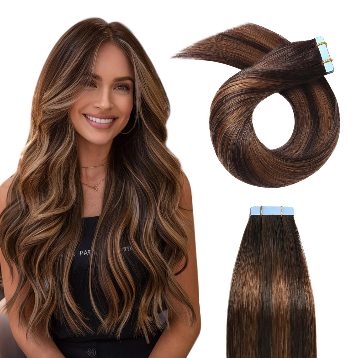 YILITE Tape in Hair Extensions Human Hair #2-6-2 Straight Hair Balayage Darkest Brown Roots Fading to Darkest Brown 12 Inch (Pack of 20), #2-6-2