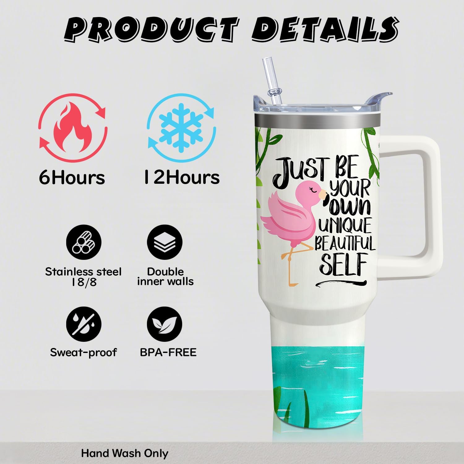 40oz Cute Flamingo Tumbler with Handle and Straw, Animal Lovers Gifts for Women Men, Stainless Steel Travel Mug Water Bottle, Vacuum Insulated Cup with Lid - Image 3