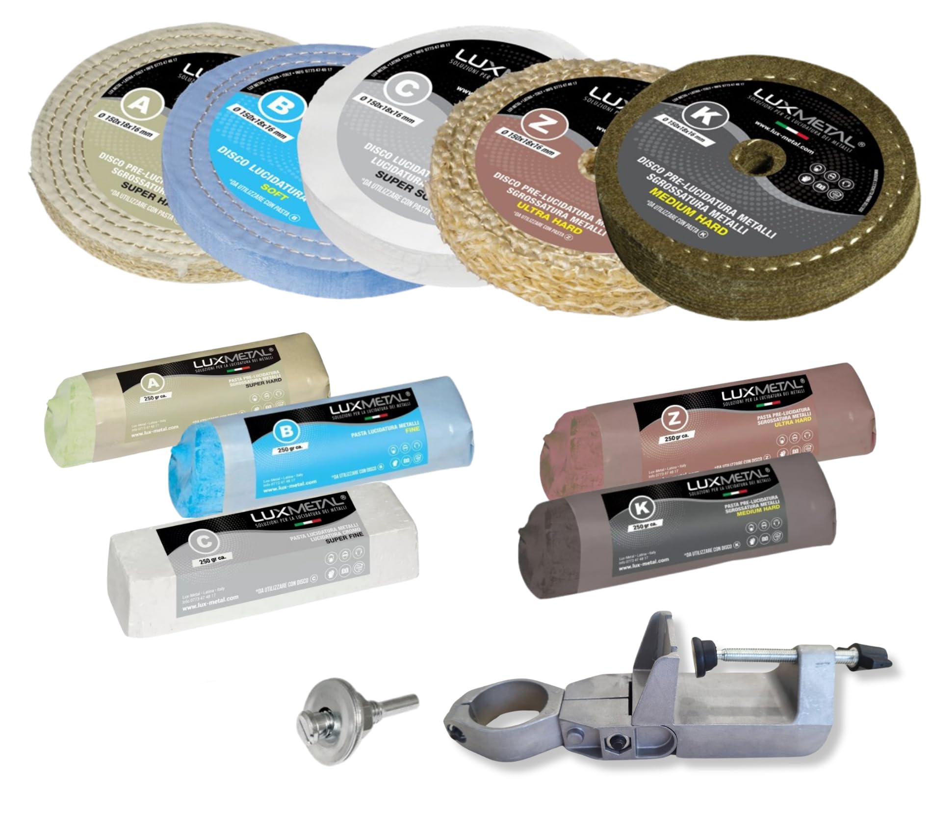 Kit 5 Discos Pulidores 150 mm 5 Pastas Abrasiva Pulidoras 250 gr Para Aluminio Hierro Acero Inoxidable Bronce Mármol Rueda de Pulido para Metales Taladro Muela Amoladora Fieltro Algodón