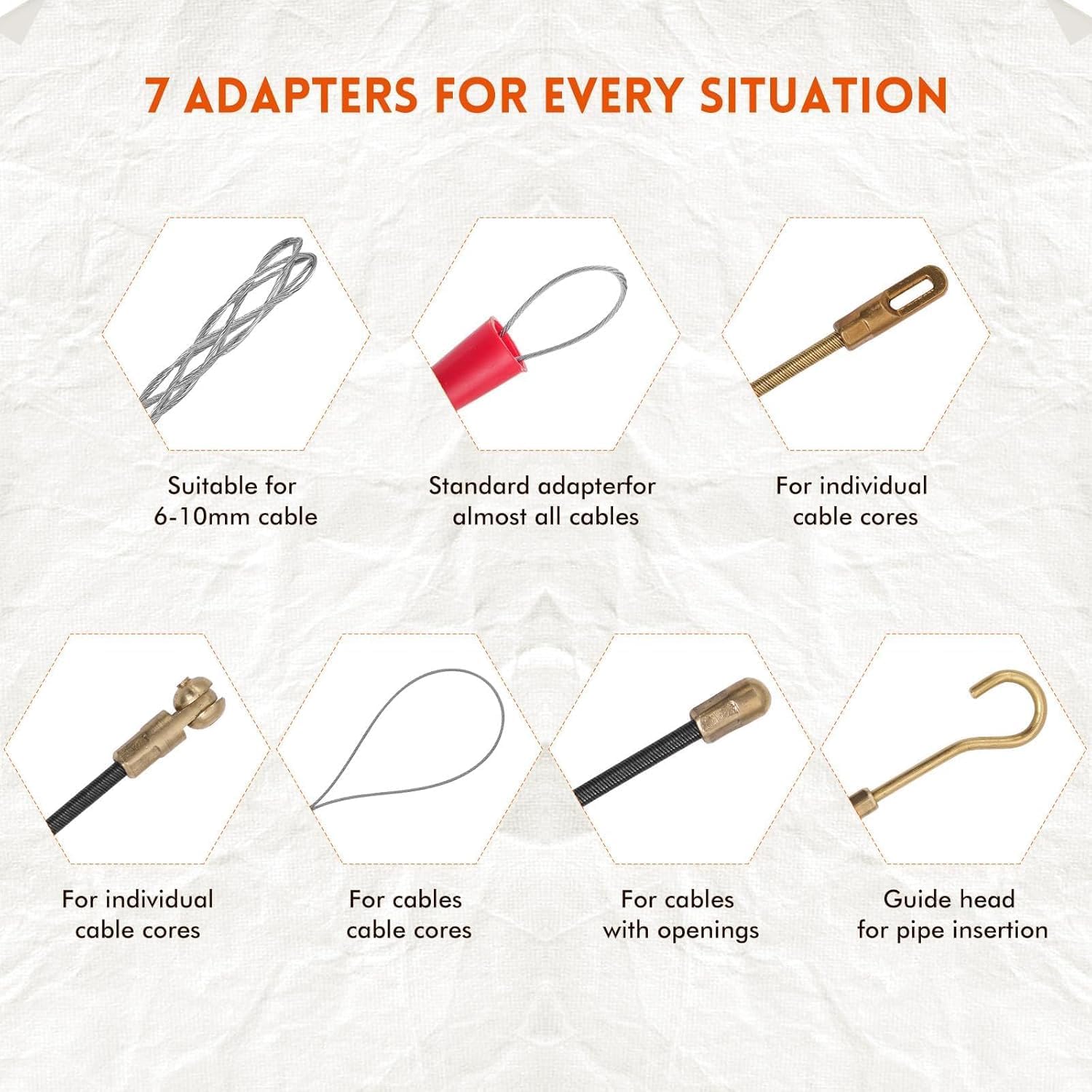 Electrical Fish Tape, 164FT 3.5mm Fish Tape Wire Puller, Fiberglass Fish Tape Cable Puller Kit Electrical Fish Tape PET Wire Pulling Tools- Cable Pulling Aid Including 5 Adapters