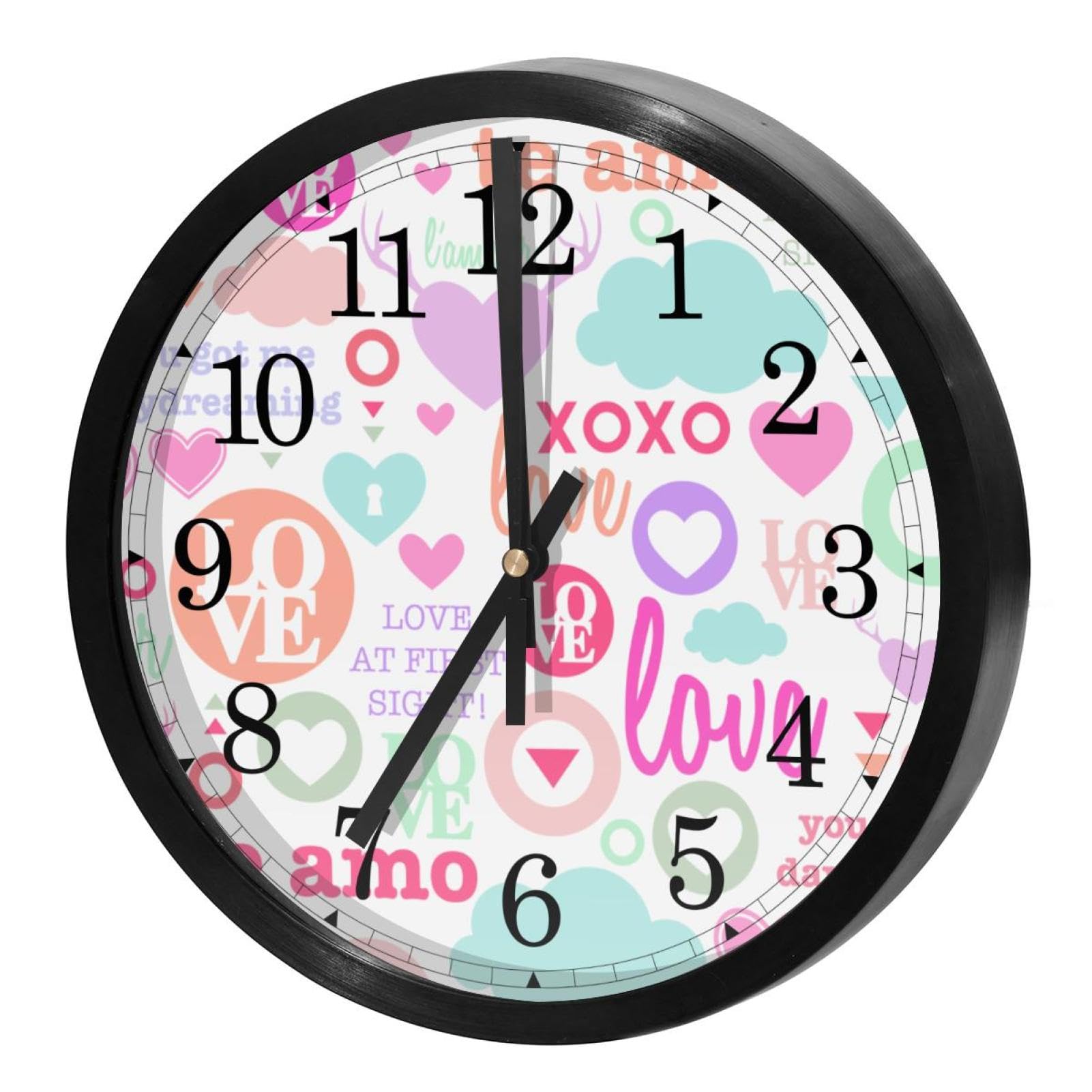Horloge murale sans tic-tac à piles grand cadran rond au motif amour mignon