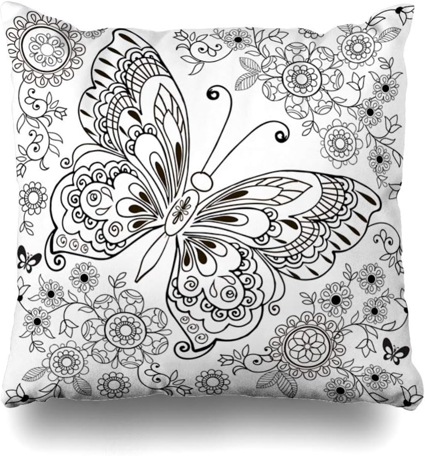 hanbaozhou 18 X 18 inch Monochrome Floral Flowers Coloring Book Doodle Throw Pillowcover Cushion Decorative Home Decor Nice Gift Garden Sofa Bed Car