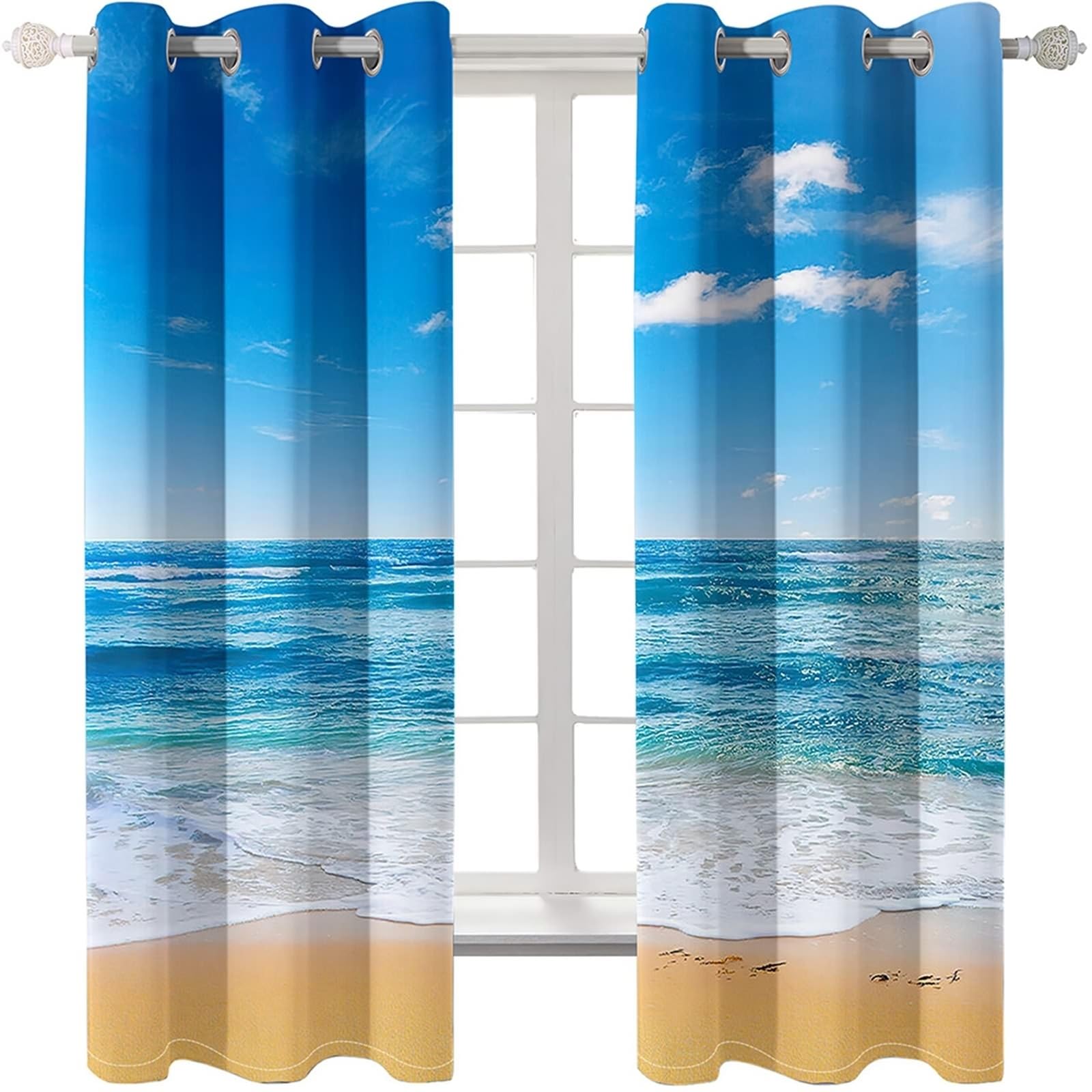 Wycian Deko Boho Style Vorhang Weiß Blau Braun 2 Er Polyester Blauer Himmel und Meer H274 X B244Cm für Schlafzimmer