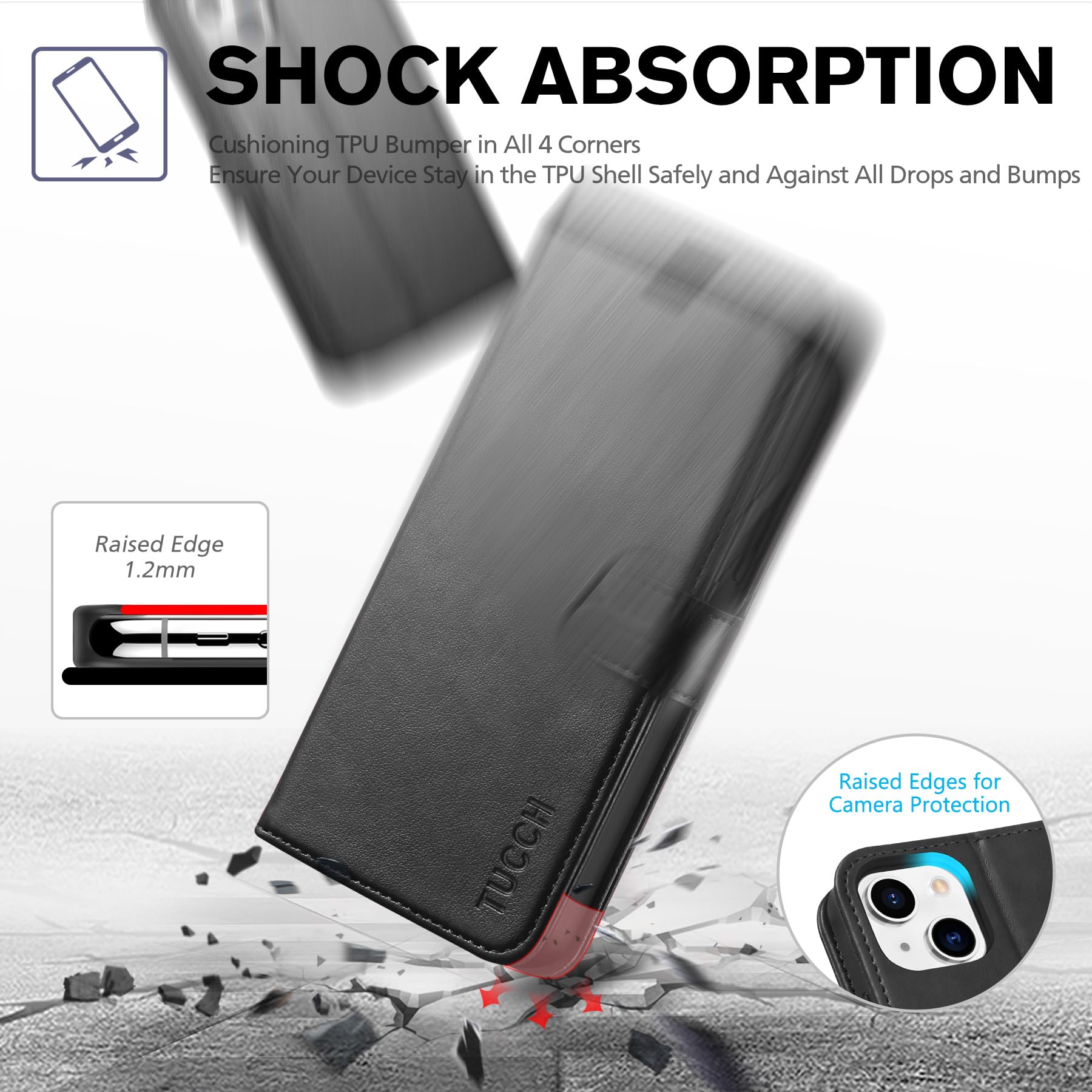 TUCCH Cover per iPhone 13 5G Custodia Magnetica Flip con Chiusura Protezione Resistente Pelle Sintetica Blocco RFID Portafoglio Tasca Carte Portacellulare Compatibile iPhone 13 (6,1" 2021), Nero