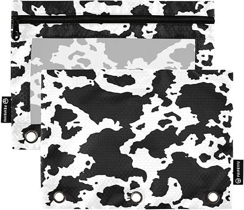 Kigai Carpeta con estampado de vaca, estuche para lápices de 3 anillos, estuche con cremallera y bolsa transparente para lápices, paquete de 2