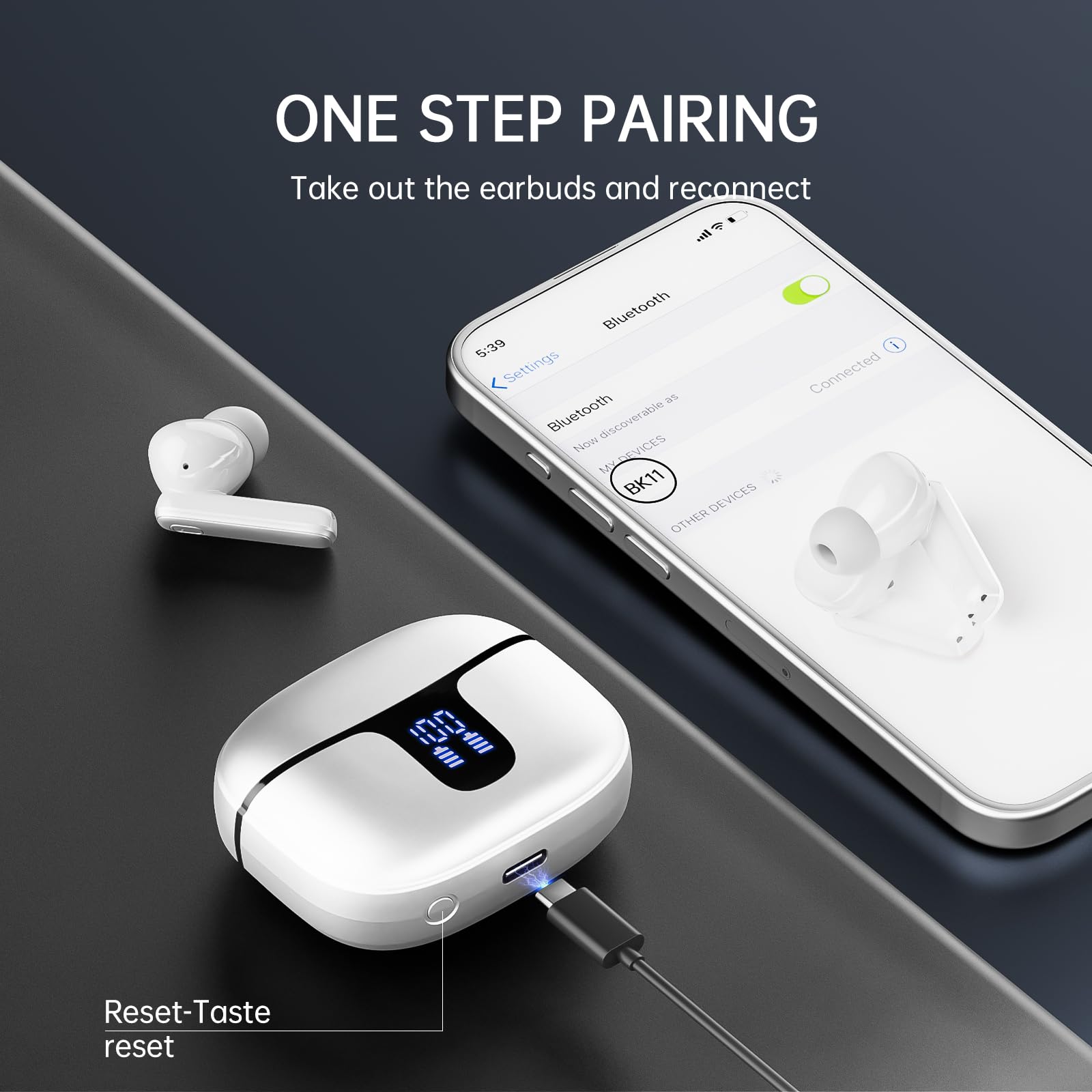 Cuffie Bluetooth, Auricolari Bluetooth 5.3 Stereo HiFi, 2025 Cuffie Wireless In Ear con 4 ENC HD Mic Cancellazione Rumore, Cuffie Senza Fili 40H LED Display IP7 Impermeabil, Auricolare USB-C Bianco