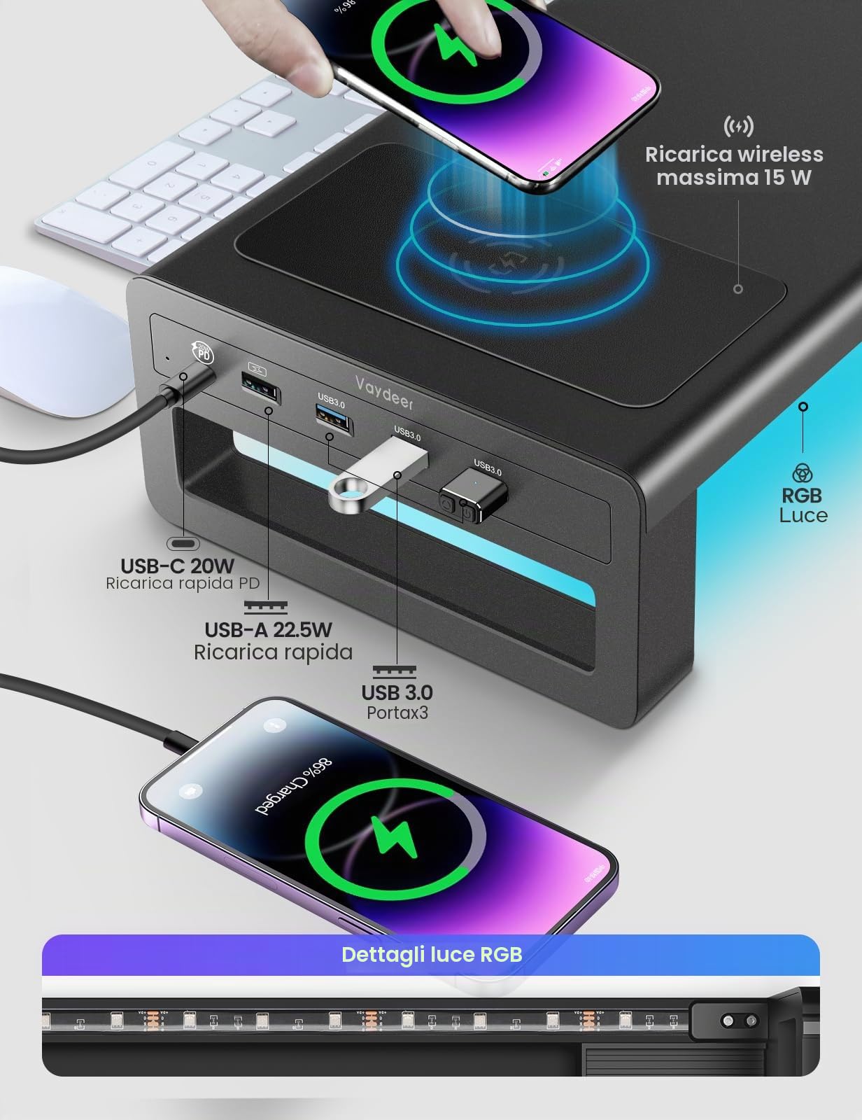 VAYDEER Supporto per 2 Monitor con Ricarica Wireless e 4 USB, Nero | Rialza il monitor e crea spazio per tastiera, mouse e accessori, aiutando a mantenere ordinata la postazione.