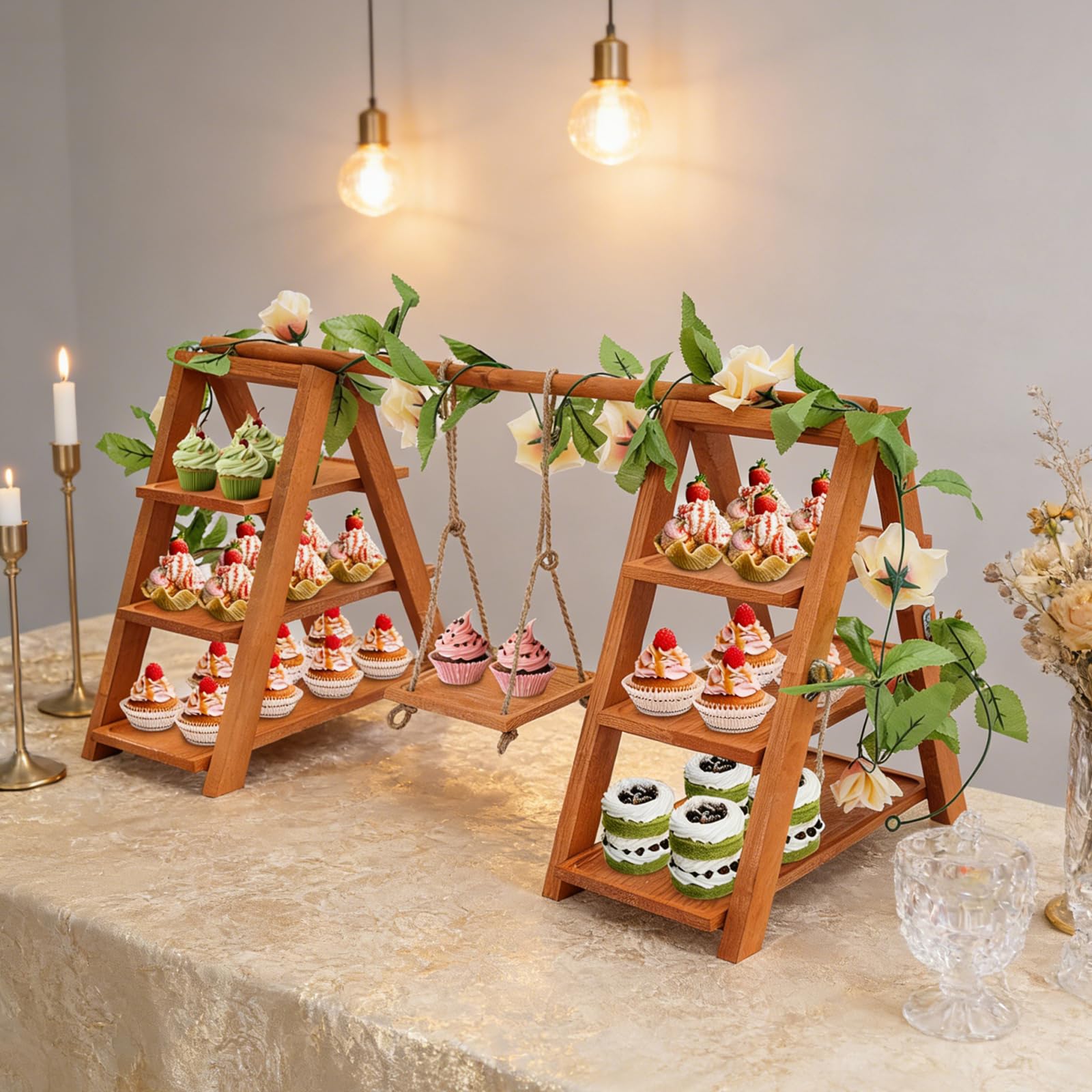Soporte de madera para cupcakes de 3 niveles, para postres, tartas, aperitivos, con columpio y decoración de flores, escalera plegable para servir cumpleaños, fiestas de té, bodas y decoración