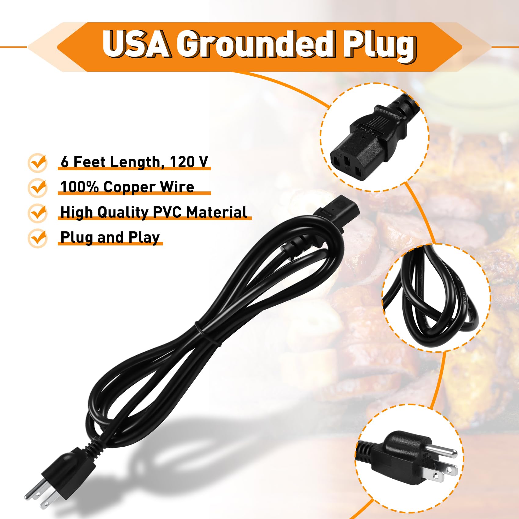 KIT0257 Power Cord Replacement Part Compatible with Traeger Ironwood 650 & 885, Pro Series 575 & 780, Timberline 1300 & 850 (Gen 2 only) Wood Pellet Grill Smokers, 6 Feet