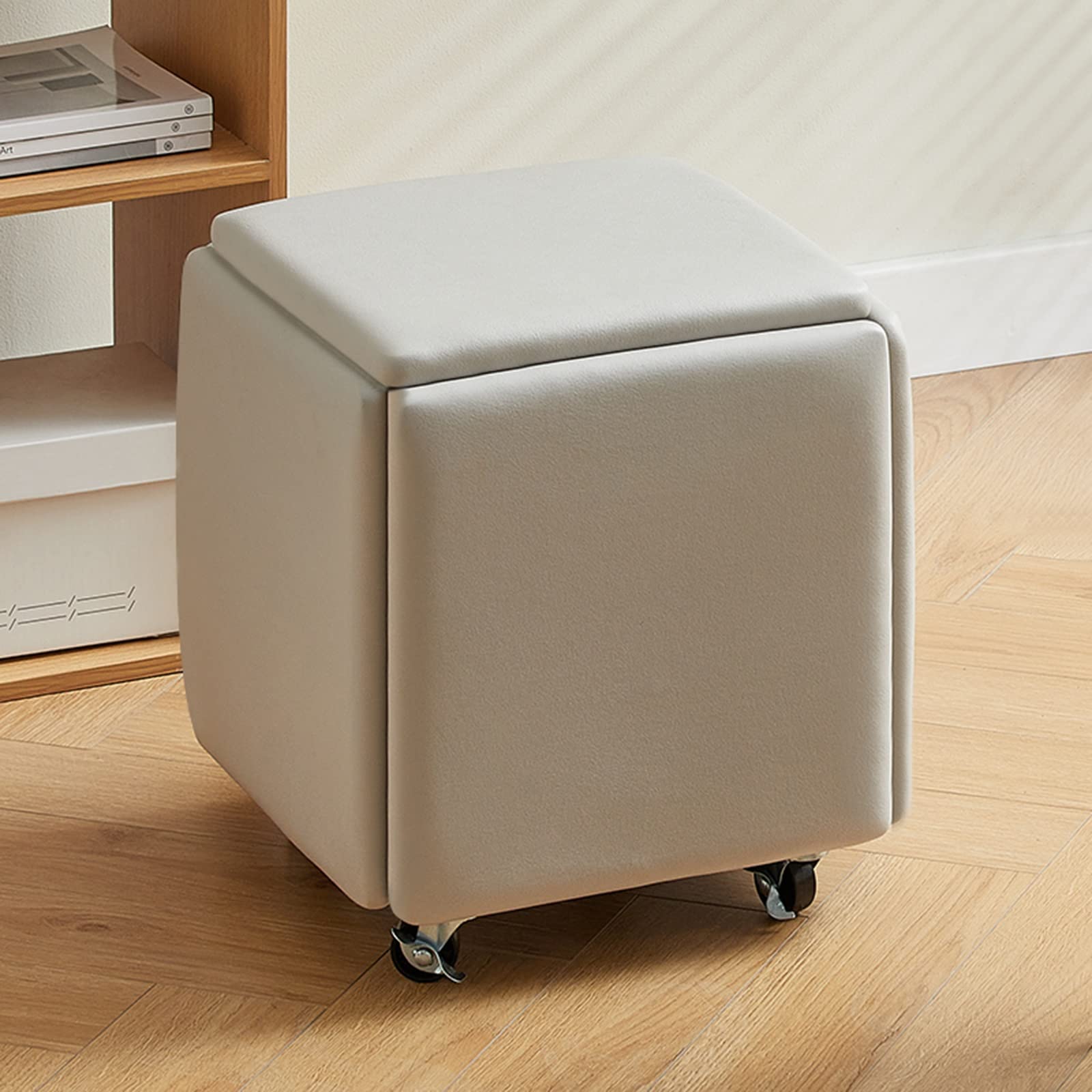 LMMIAOZ 5 in 1 Stackable Ottoman Set with Leather Square Bench and Wheels Foot Stool for Bedroom Living Room Dining Room Nesting Cube Chair Stools (Light Gray A)