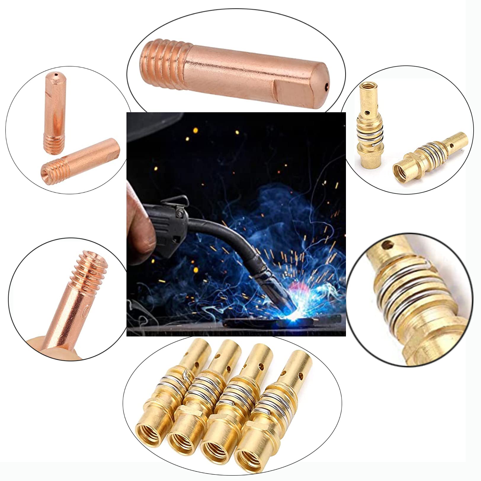 MB15AK MIG Accessori, Set di Materiali di Consumo Saldatori, Saldatura Torcia Contatto Ugello Gas, 19Pz Accessori per Saldatrice(4 Ugello, 10 Punta Guidafilo M6, 2 Isolator, 2 Diffusoree, 1 Strumento)