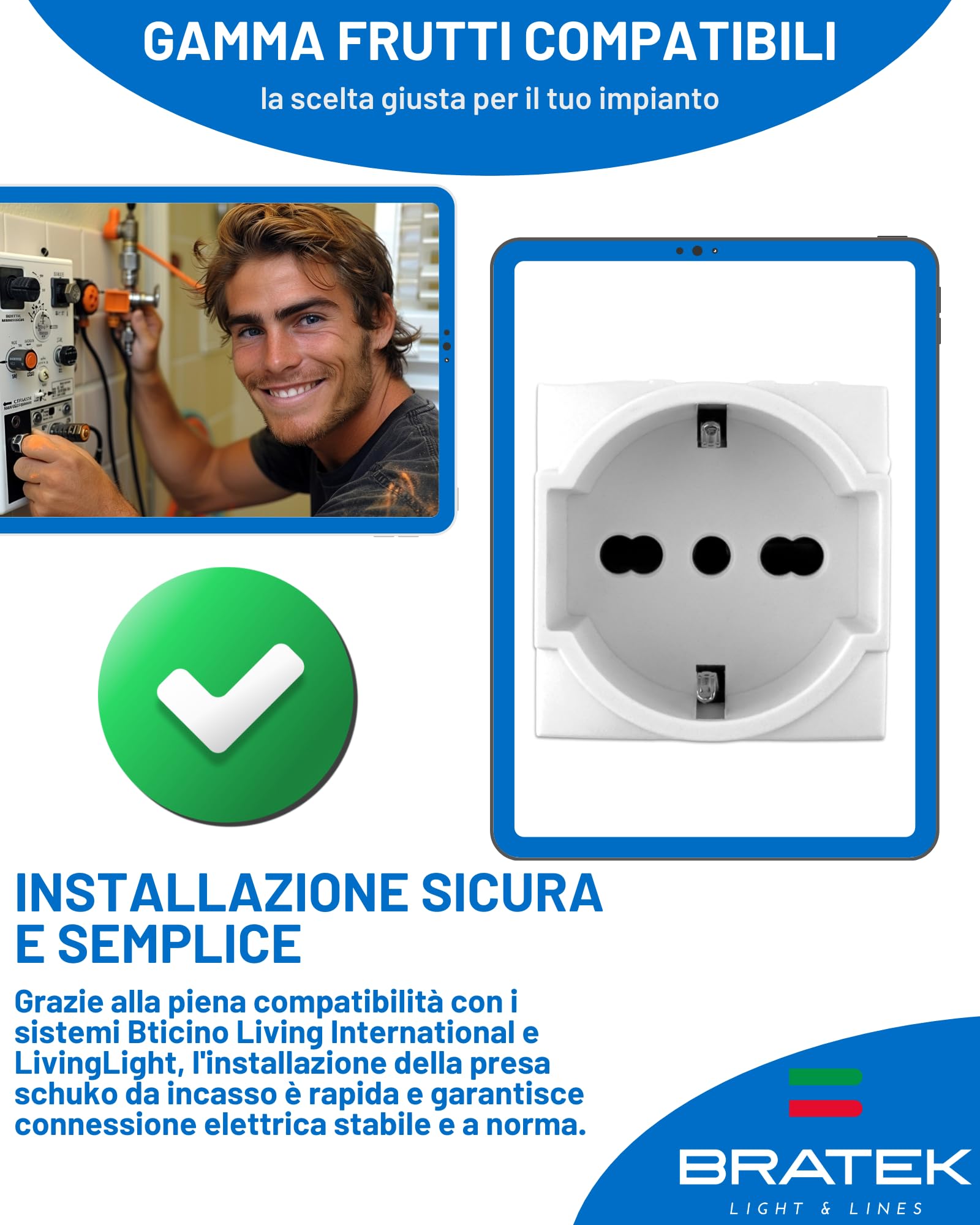 Bratek 2 Prese Schuko Compatibili Bticino Living Light e International 2P+T 10/16A - Presa Elettrica da Muro Tedesca + Bipasso Italiana Bianco per Supporti B Ticino Livinglight e Living International