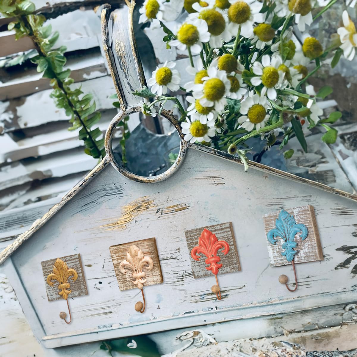 Toallero 4 Piezas Ganchos de Pared Ganchos para Abrigos Lirio Rústico Ganchos para Abrigos de Hierro de Madera Ganchos para Toallas de Casa de Campo Decoración de Pared Shabby Chic Ganchos
